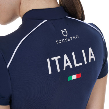 Polo de treino feminino Equestro x FISE com fecho de correr, bandeira italiana, mangas curtas Blazer marinho Azul-marinho
