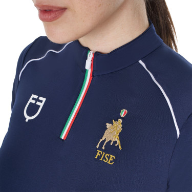 Polo de treino feminino Equestro x FISE com fecho de correr, bandeira italiana, mangas curtas Blazer marinho Azul-marinho