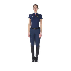 Polo de treino feminino Equestro x FISE com fecho de correr, bandeira italiana, mangas curtas Blazer marinho Azul-marinho