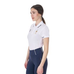 Pólo de treino feminino Equestro x FISE três botões mangas curtas Branco