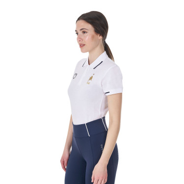 Pólo de treino feminino Equestro x FISE três botões mangas curtas Branco