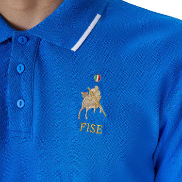 Polo de treino masculino Equestro x FISE três botões manga curta Azul da Savoia