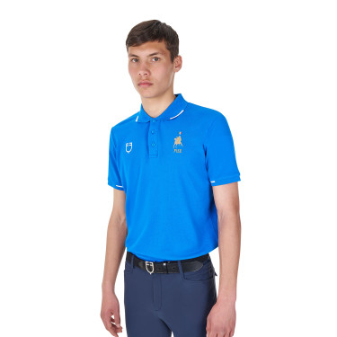 Polo de treino masculino Equestro x FISE três botões manga curta Azul da Savoia