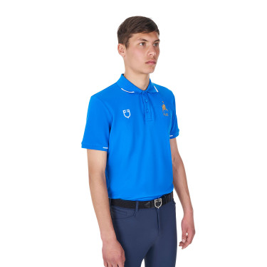 Polo de treino masculino Equestro x FISE três botões manga curta Azul da Savoia