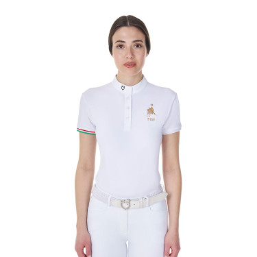 Polo de competição Equestro x FISE feminino, corte slim, mangas curtas Branco