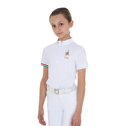 Polo de competição para menina com zíper Equestro x FISE de mangas curtas Branco