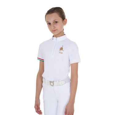 Polo de competição para menina com zíper Equestro x FISE de mangas curtas Branco