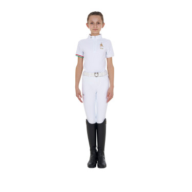 Polo de competição para menina com zíper Equestro x FISE de mangas curtas Branco