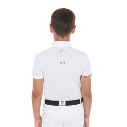 Polo de competição para rapaz de quatro botões Equestro x FISE de mangas curtas Branco