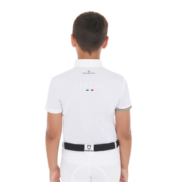 Polo de competição para rapaz de quatro botões Equestro x FISE de mangas curtas Branco