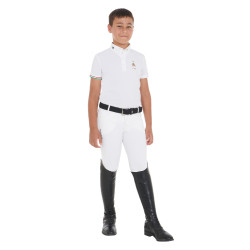 Polo de competição para rapaz de quatro botões Equestro x FISE de mangas curtas Branco