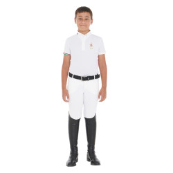 Polo de competição para rapaz de quatro botões Equestro x FISE de mangas curtas Branco