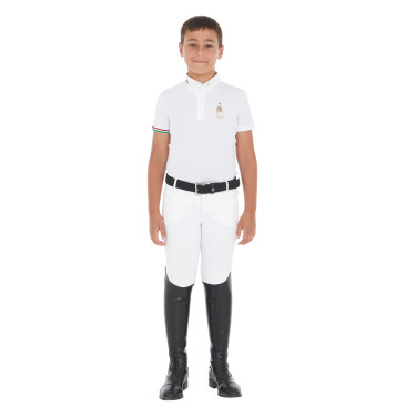 Polo de competição para rapaz de quatro botões Equestro x FISE de mangas curtas Branco
