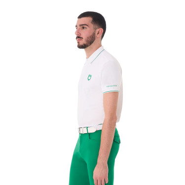 Polo masculino Equestro de treino com detalhes contrastantes mangas curtas Branco / verde ultramarino