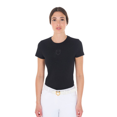 T-shirt feminino Equestro básico com logotipo tom sobre tom, mangas curtas Preto