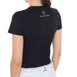 T-shirt feminino Equestro básico com logotipo tom sobre tom, mangas curtas Preto
