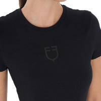 T-shirt feminino Equestro básico com logotipo tom sobre tom, mangas curtas Preto