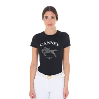 T-shirt feminino Equestro Cannes de algodão com strass de mangas curtas Preto T-shirt feminino Equestro Cannes de algodão com strass de mangas curtas Preto