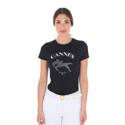 T-shirt feminino Equestro Cannes de algodão com strass de mangas curtas Preto