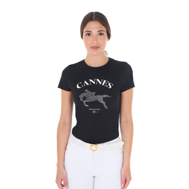 T-shirt feminino Equestro Cannes de algodão com strass de mangas curtas Preto