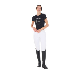 T-shirt feminino Equestro Cannes de algodão com strass de mangas curtas Preto