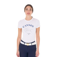 T-shirt feminino Equestro Cannes de algodão com strass de mangas curtas Branco