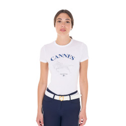 T-shirt feminino Equestro Cannes de algodão com strass de mangas curtas Branco