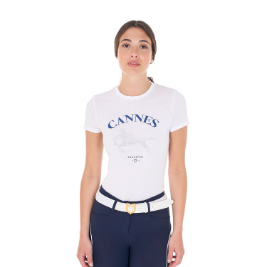 T-shirt feminino Equestro Cannes de algodão com strass de mangas curtas Branco