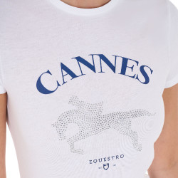T-shirt feminino Equestro Cannes de algodão com strass de mangas curtas Branco