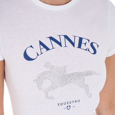T-shirt feminino Equestro Cannes de algodão com strass de mangas curtas Branco