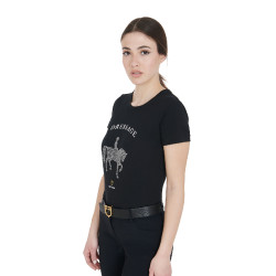 T-shirt feminino Equestro corte slim dressage com strass mangas curtas Preto