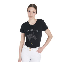 T-shirt feminino Equestro corte slim Horse Life com strass de mangas curtas Preto