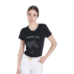 T-shirt feminino Equestro corte slim Horse Life com strass de mangas curtas Preto T-shirt feminino Equestro corte slim Horse Life com strass de mangas curtas Preto