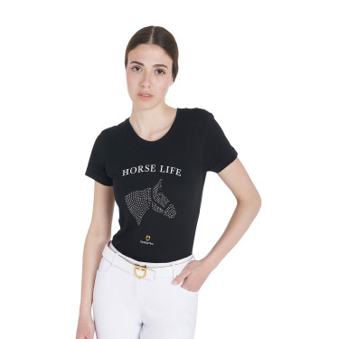 T-shirt feminino Equestro corte slim Horse Life com strass de mangas curtas Preto T-shirt feminino Equestro corte slim Horse Life com strass de mangas curtas Preto