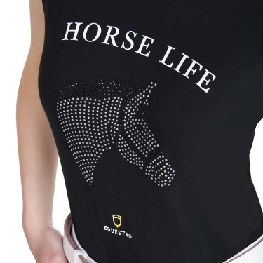 T-shirt feminino Equestro corte slim Horse Life com strass de mangas curtas Preto T-shirt feminino Equestro corte slim Horse Life com strass de mangas curtas Preto