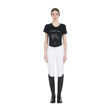 T-shirt feminino Equestro corte slim Horse Life com strass de mangas curtas Preto T-shirt feminino Equestro corte slim Horse Life com strass de mangas curtas Preto