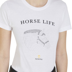 T-shirt feminino Equestro corte slim Horse Life com strass de mangas curtas Branco T-shirt feminino Equestro corte slim Horse Life com strass de mangas curtas Branco