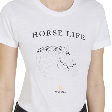 T-shirt feminino Equestro corte slim Horse Life com strass de mangas curtas Branco T-shirt feminino Equestro corte slim Horse Life com strass de mangas curtas Branco