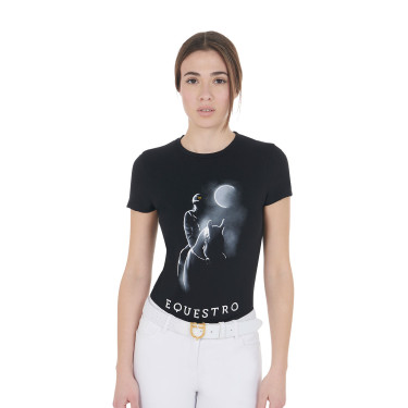 T-shirt feminino Equestro corte slim estampado Moonlight manga curta Preto