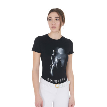 T-shirt feminino Equestro corte slim estampado Moonlight manga curta Preto