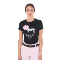 T-shirt feminino Equestro Head In The Clouds em algodão de mangas curtas Preto