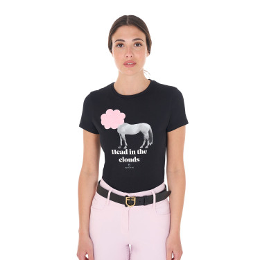 T-shirt feminino Equestro Head In The Clouds em algodão de mangas curtas Preto