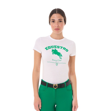 T-shirt feminino Equestro Jumping Horse Club em algodão de manga curta Branco