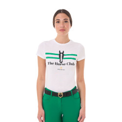 T-shirt feminino Equestro Stripe Horse Club em algodão de manga curta Branco