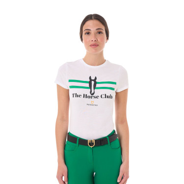 T-shirt feminino Equestro Stripe Horse Club em algodão de manga curta Branco