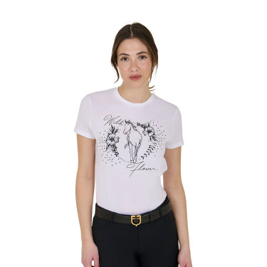 T-shirt feminino Equestro Wild Flower em algodão de manga curta Branco