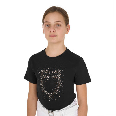 T-shirt menina Equestro corte slim com logótipo rosa com brilhantes, mangas curtas Preto T-shirt menina Equestro corte slim com logótipo rosa com brilhantes, mangas curtas Preto
