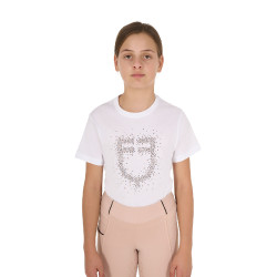 T-shirt menina Equestro corte slim com logótipo rosa com brilhantes, mangas curtas Branco