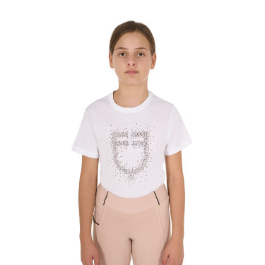 T-shirt menina Equestro corte slim com logótipo rosa com brilhantes, mangas curtas Branco