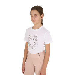 T-shirt menina Equestro corte slim com logótipo rosa com brilhantes, mangas curtas Branco